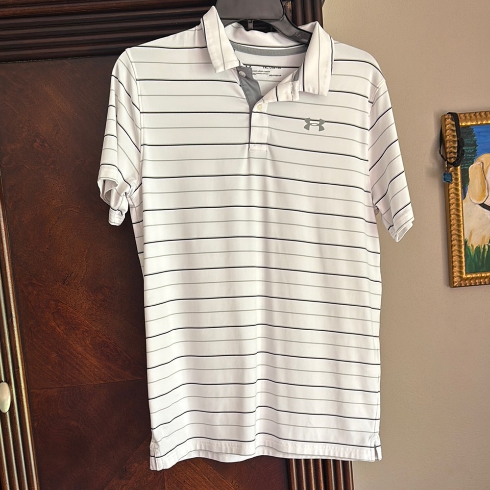 Under Armour White and Gray Polo Shirt Classic Striped Design